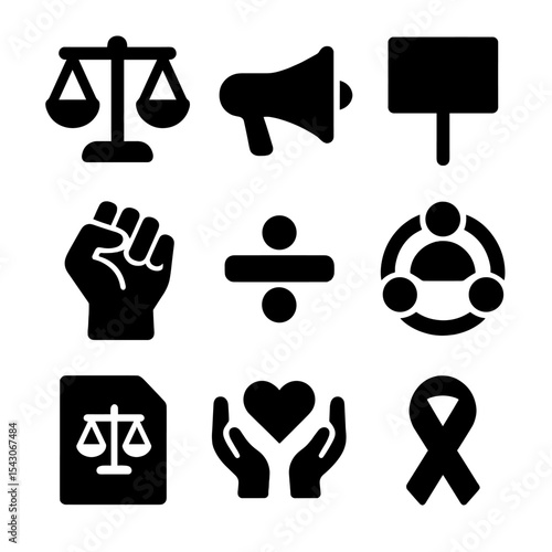 Social Justice Icons. Solid style icons of social justice: balance scale, megaphone icon, protest sign, raised fist, equality icon