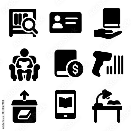 Library System Icons. Solid style icons of library system: catalog search, library card, book checkout, reading area, late fee