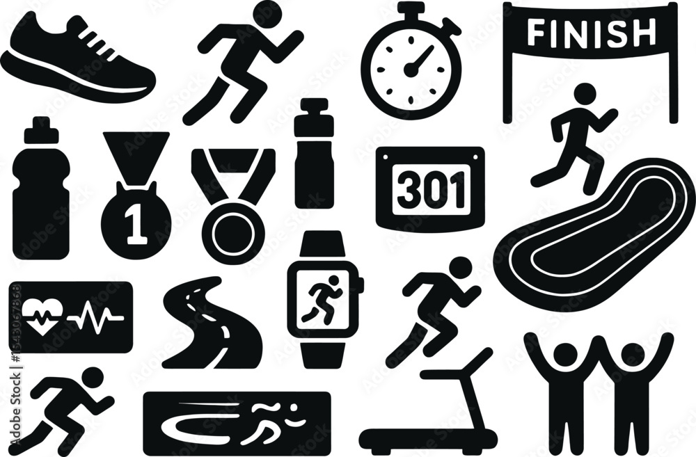 Obraz premium Black silhouette icon set for Global Running Day. Includes solid black icons of running shoes, runners in motion, stopwatch, finish line, water bottle, medal, race bib, running track, heartbeat monito