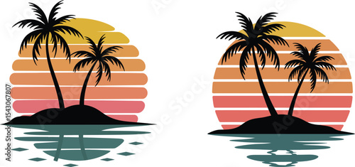Retro Sunset Island Scene with Palm Trees