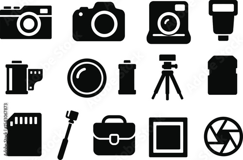 Black silhouette icon set for National Camera Day. Includes solid black icons of vintage cameras, DSLR camera, instant camera, film roll, camera lens, tripod, camera flash, memory card, selfie stick, 