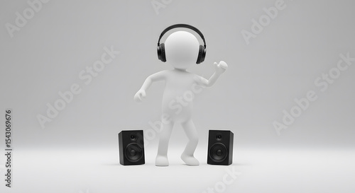 A 3D rendered stick figure dancing with headphones and speaker