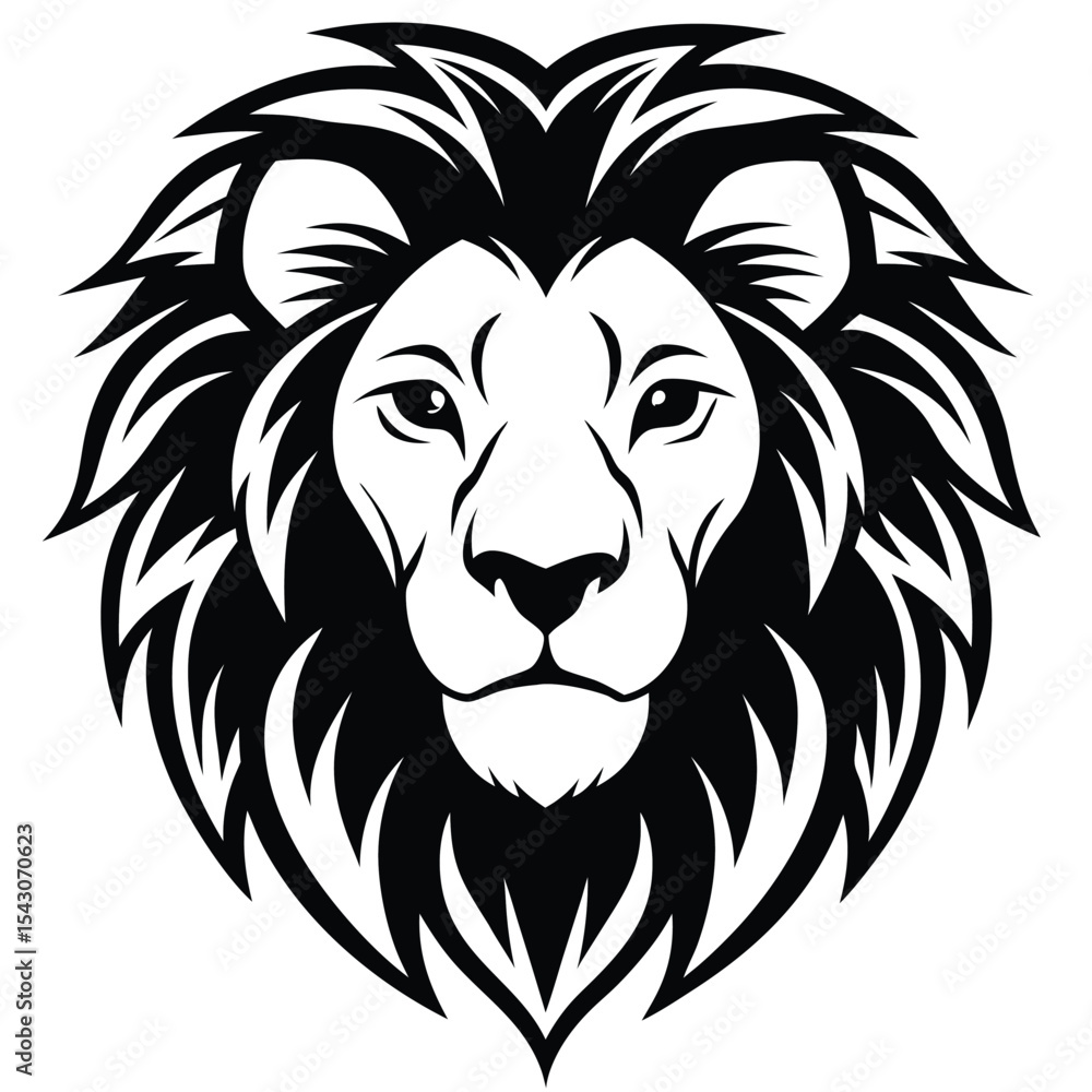 Fototapeta premium Majestic lion head showcases its bold, striking mane in this impactful monochrome design