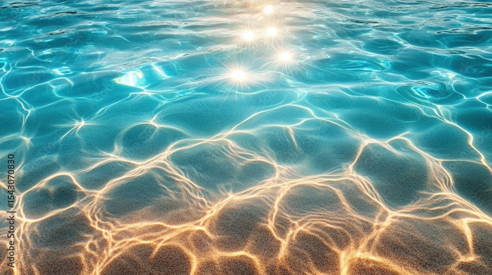 Fototapeta premium Sunlight reflects off clear, shallow water with ripples, creating shimmering patterns on a sandy bottom.