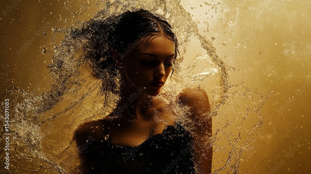 Fototapeta premium Woman splashed with water in dramatic golden light for beauty wellness lifestyle spa freshness vitality energy