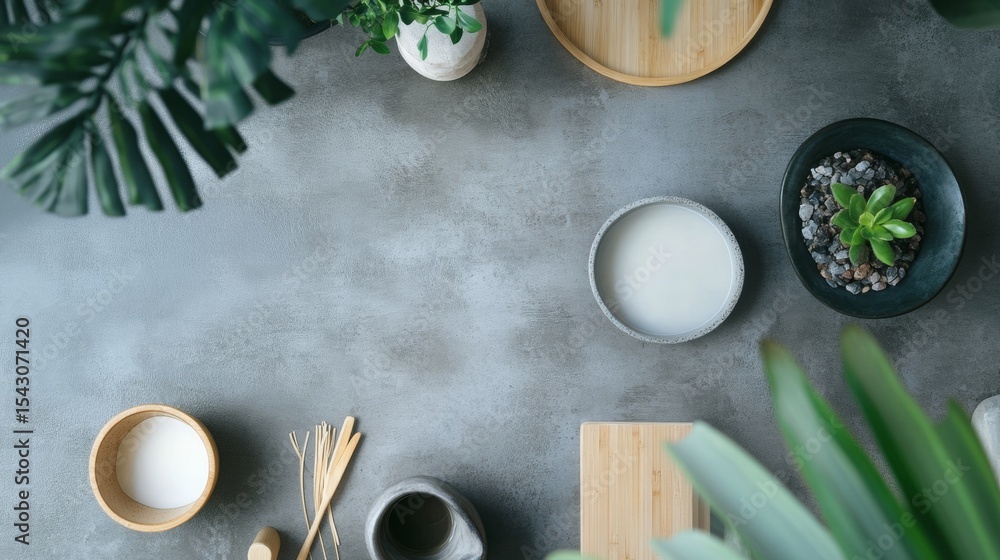 Fototapeta premium Healthy breakfast flatlay with matcha tea bowl bamboo whisk oatmeal and green leaves on stone
