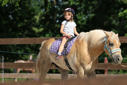 Little girl riding a pony during equestrian lesson on sunny day