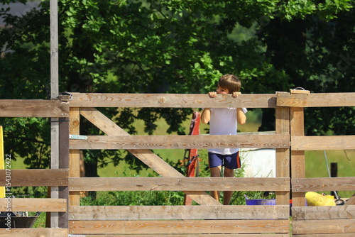 Curious boy peeking over wooden gate on a sunny day