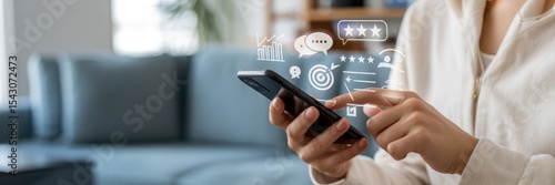 Person using a smartphone with customer feedback interface.