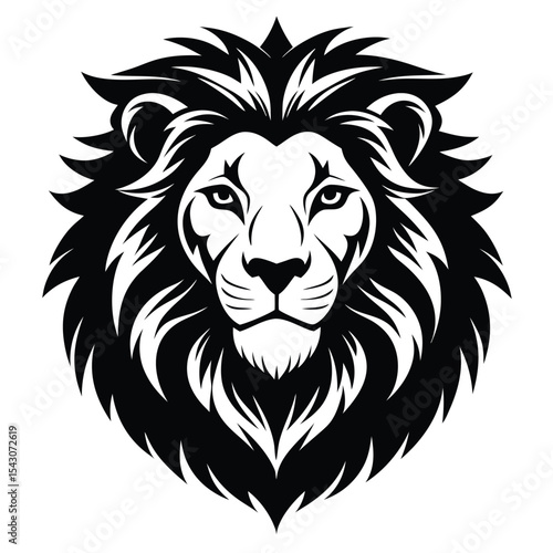 A majestic lion's head stares forward, displaying a stark and powerful monochrome image