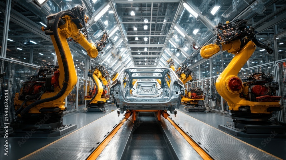 Obraz premium Industrial robots working on car assembly in a brightly lit, modern automotive factory