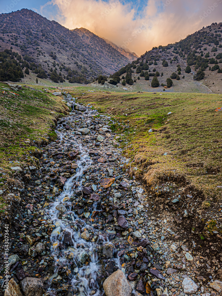 Obraz premium Serene stream flowing through rocky mountain valley