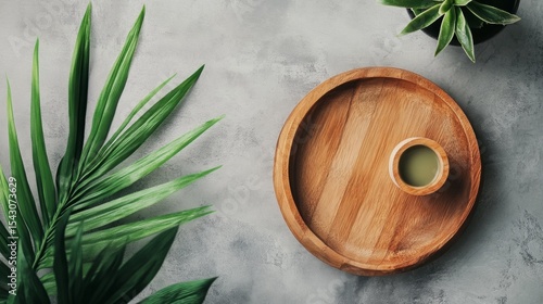 Wallpaper Mural Green plant leaves round wooden tray coffee minimalist top view modern natural design home Torontodigital.ca