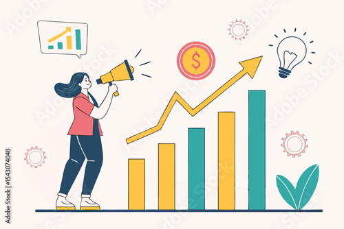 Woman using megaphone to promote startup growth with rising bar chart