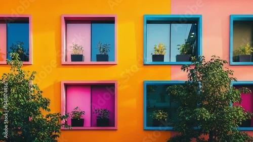 Colorful modern building facade with vibrant windows and potted plants in urban setting