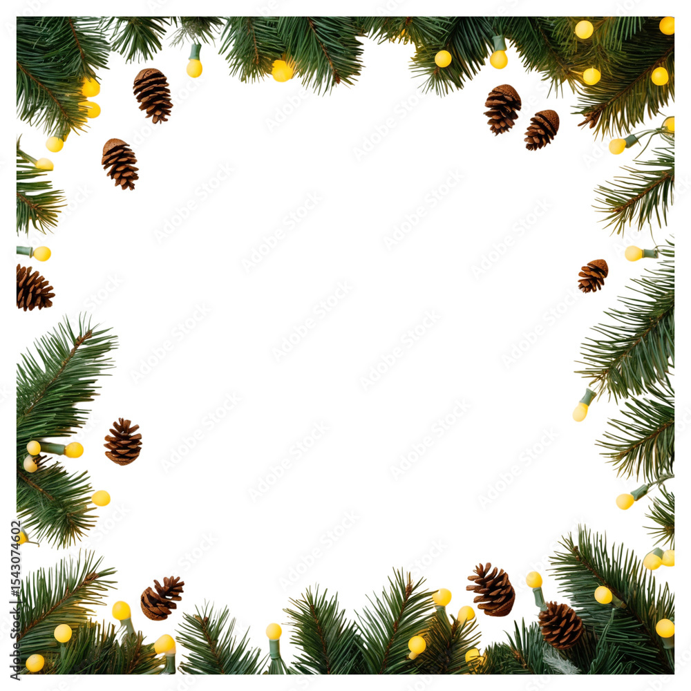 Fototapeta premium Christmas frame with pine branches lights and cones transparent background