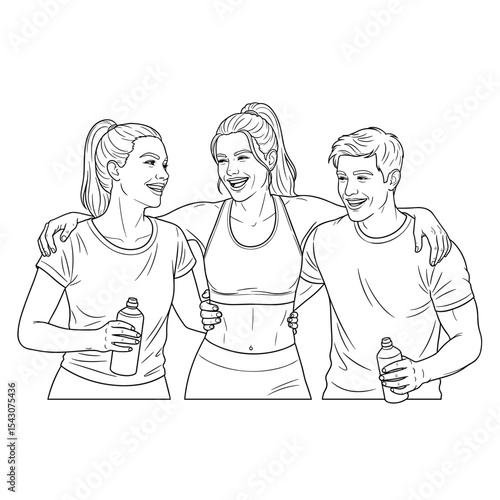 Group of friends celebrating after workout session with water bottles in fitness community style