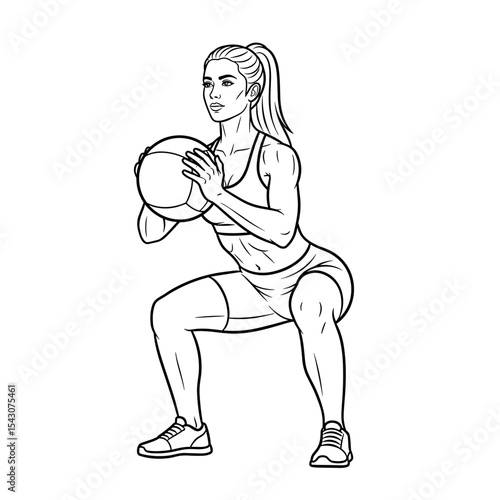 Woman performing squat exercise with medicine ball for strength training in minimalist style
