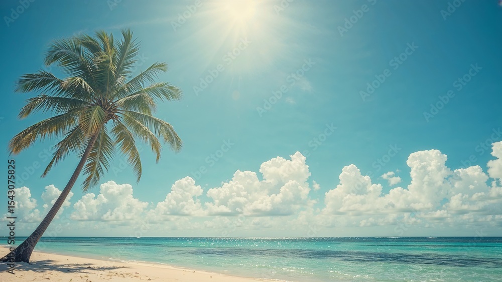 Fototapeta premium Palm tree on sunny tropical beach landscape