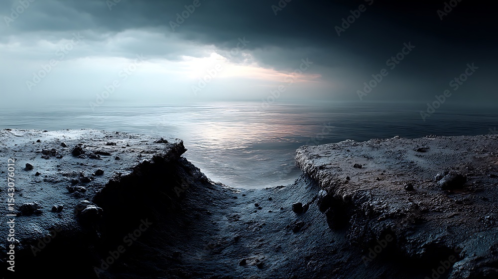 Fototapeta premium a dramatic, moody scene presents a dark, rocky promontory overlooking a vast, tranquil expanse of water