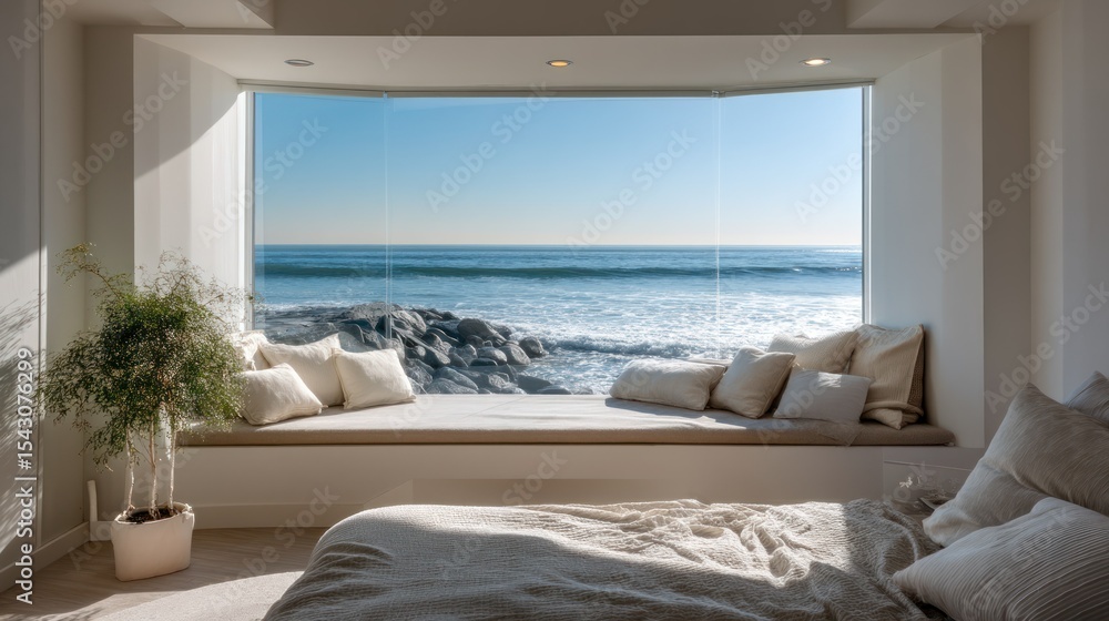Fototapeta premium A bay window in a luxury bedroom with an ocean view, minimal decor