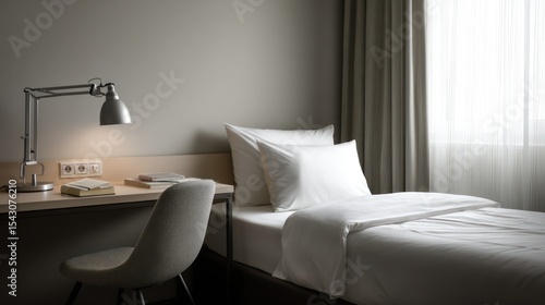 Minimal inn room with a simple single bed, clean white sheets, and a sleek writing desk with a lamp and notebook, against neutral-colored walls