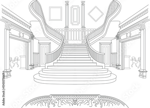 Grand Classic Interior with Sweeping Staircase Line Art, Detailed black and white line drawing of a luxurious and grand interior space featuring a wide, sweeping staircase, classical columns, and 