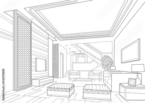 Modern Interior Design Line Drawing Illustration, Detailed line drawing illustration depicting a modern multi-level interior space. Features include a living area with sofa and ottomans, a 