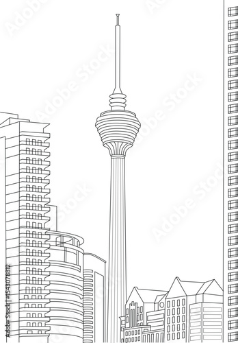 Kuala Lumpur Tower Line Art Illustration, Simple black and white line drawing illustration of the iconic Kuala Lumpur Tower (Menara KL) and surrounding buildings in the Malaysian capital city 