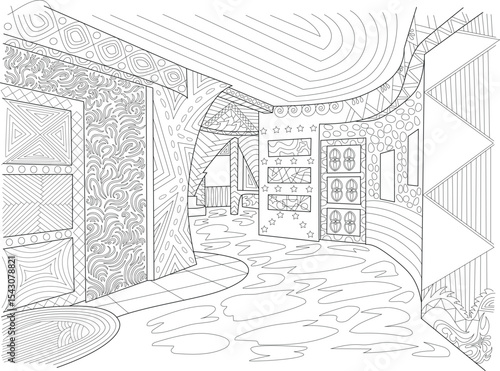 Detailed Abstract Interior Line Art Illustration, Intricate black and white line drawing depicting a stylized interior space filled with complex abstract patterns and decorative elements. Hand-drawn 