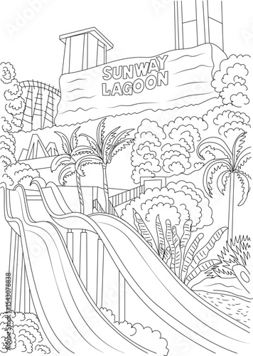 Sunway Lagoon Theme Park Water Slide Line Drawing, Line drawing illustration of a water slide attraction at Sunway Lagoon Theme Park in Malaysia, featuring tropical plants and elements of the 