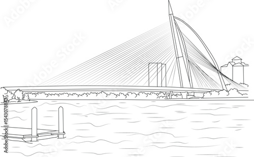 Seri Wawasan Bridge Line Drawing, Black and white line drawing illustrating the modern Seri Wawasan Bridge in Putrajaya, Malaysia. The iconic cable-stayed bridge spans over the water, with a 