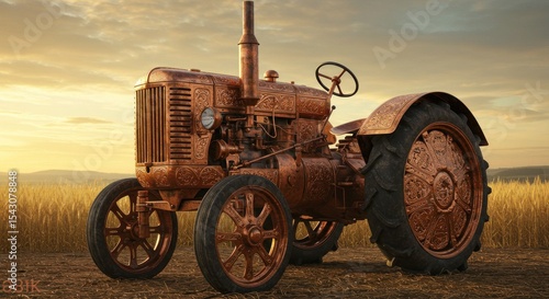 Antique tractor at sunset