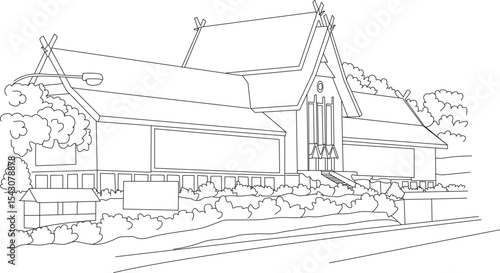 Line Art Drawing of National Museum Building, A simple black and white line art illustration depicting the exterior of a national museum building, showcasing its architectural style and surrounding 