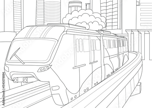 Kuala Lumpur Monorail Line Art Illustration, Black and white line art drawing of the Kuala Lumpur Monorail in Malaysia, showcasing the elevated track and surrounding city skyline. Ideal for coloring 