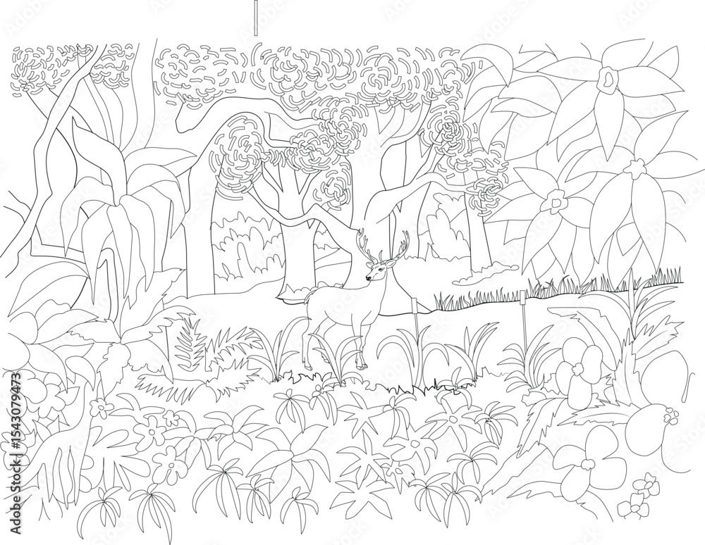 Deer in Dense Jungle Line Art Illustration, Black and white outline drawing of a deer standing amongst lush tropical plants and trees in a dense jungle environment, perfect for coloring books or Deer in Dense Jungle Line Art Illustration, Black and white outline drawing of a deer standing amongst lush tropical plants and trees in a dense jungle environment, perfect for coloring books or