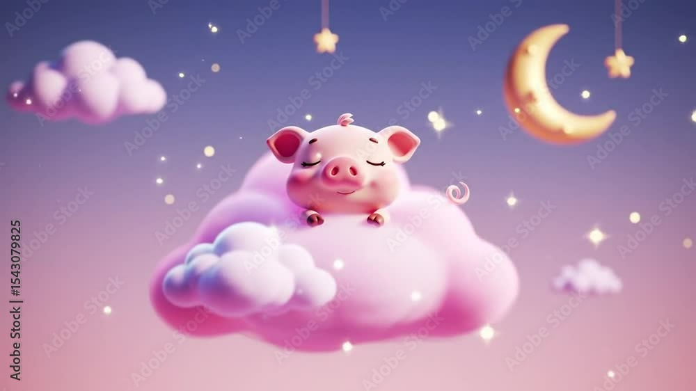 A Cute Pink Pig Sleeping on a Cloud at Night A Cute Pink Pig Sleeping on a Cloud at Night