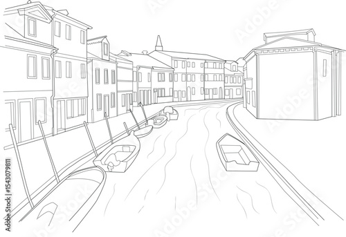 Burano Island Canal Line Art Sketch, Black and white line art drawing depicting a canal scene on the Island of Burano, near Venice, Italy. Features traditional buildings lining the waterfront and 