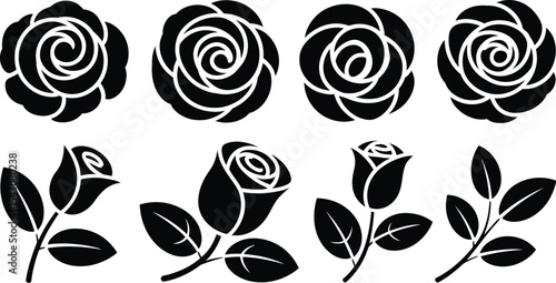 Black rose flower vector set with leaves and blossom design elements