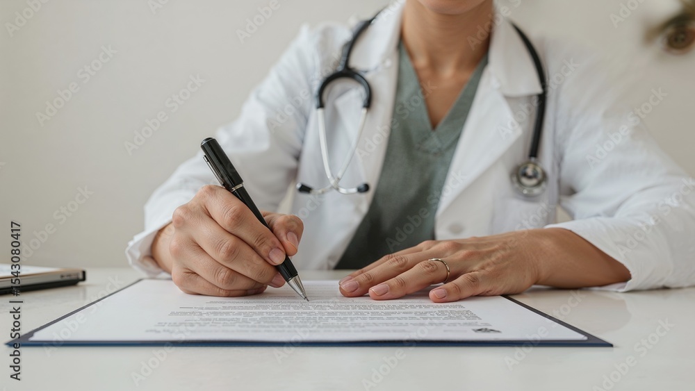Doctor signs document with pen in office Doctor signs document with pen in office
