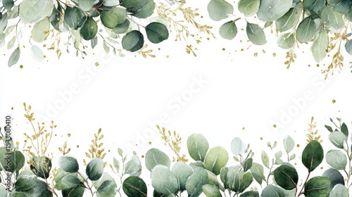 Watercolor eucalyptus branches adorning white background with golden glitter, forming delicate decorative border with minimalist design potential