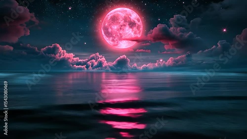 Pink moon rising over a calm, dark ocean reflecting its ethereal glow, under a starlit night sky with pink clouds
