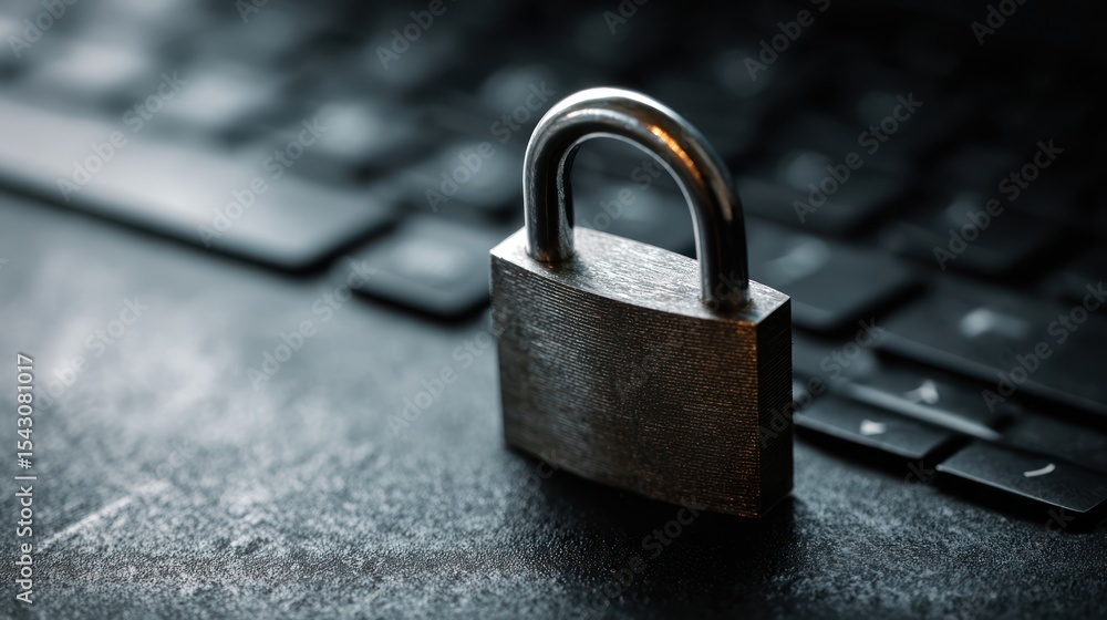 Close-Up of a Steel Padlock on a Dark Keyboard Background Close-Up of a Steel Padlock on a Dark Keyboard Background