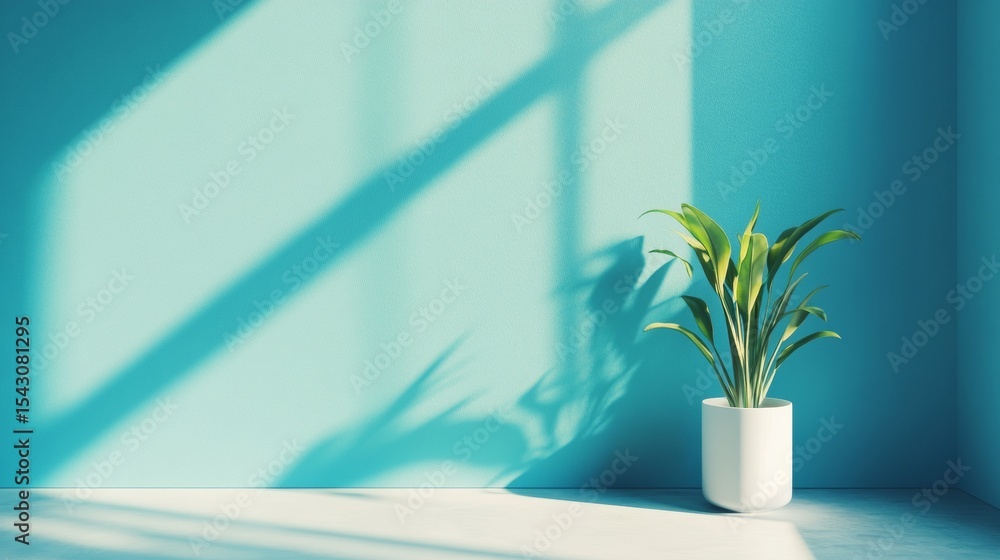 Green plant in white pot on light blue wall background minimalist modern home decor sunlight interior design Green plant in white pot on light blue wall background minimalist modern home decor sunlight interior design