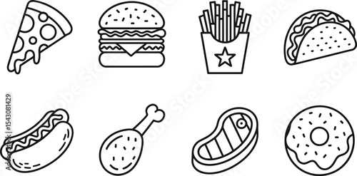 Various fast food items in outline style arranged on a white background