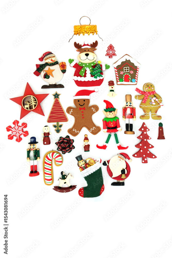 Fototapeta premium Christmas tree decoration abstract with retro natural ornaments on white background. Festive design for the holiday season with traditional symbols. Greeting card, gift tag.