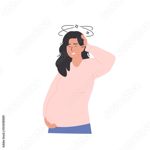 Pregnant woman feeling dizzy and unwell, touching head with nausea and vertigo symptoms. Pregnancy discomfort, fatigue and hormone shifts. Flat Style Vector Illustration isolated on white background.