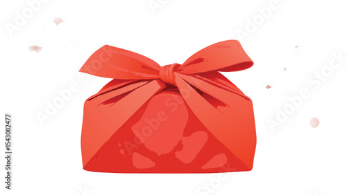 Illustration of a furoshiki wrapped gift with a bow on top and some petals floating around it
