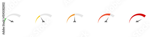 Meter icon set. Kilocalories, speed, mood tracker. Consumption, filling, quantity scale. Low or full indicator. Vector illustration.