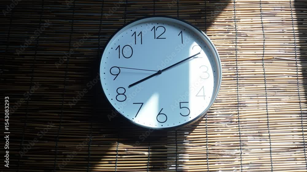 Clock light timelapse revealing changing shadow patterns on woven bamboo blind during afternoon sun